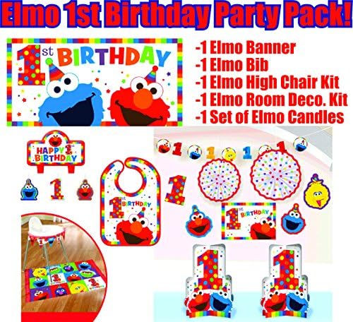 Elmo Претвора Еден Роденден Материјали Декорација Пакет. Вклучувајќи Elmo Тематските Роденден Лигавче, Висок Стол за Полнење, Роденден