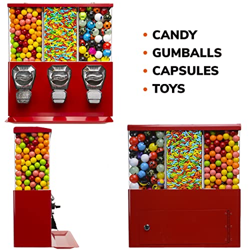 Вендинг Машина - Комерцијални Gumball и Бонбони Машина со Стенд - Црвена Тројно Вендинг Машина со Заменлив Канистри - Монета Управувана