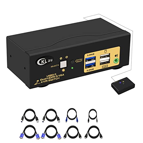 CKLau 4Kx2K@60Hz 4:4:4 2 Порт USB 3.0 Двоен Монитор KVM Switch HDMI + VGA со Аудио и Кабли, HDMI VGA KVM Switch 2 Монитори 2 Компјутери