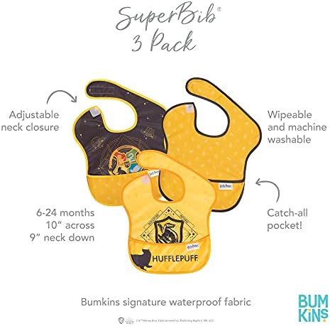 Bumkins SuperBib, Бебе Лигавче, Водоотпорен Материјал, Одговара на Бебиња и мали деца 6-24 Месеци - Хари Потер Hufflepuff (3-Pack)