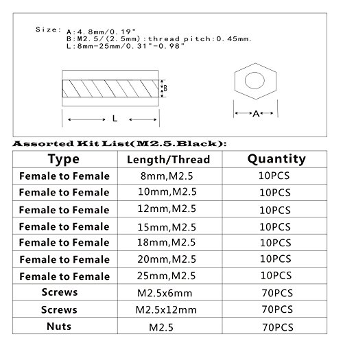 HVAZI 280PCS М2.5 Женски-Женски Најлон Хексадецимален Изолација Standoffs Завртки Ореви Избрани За Полнење(Црна)