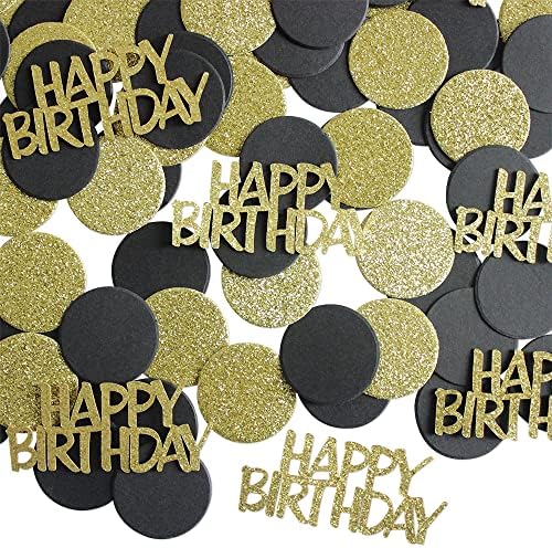 Сјајот Злато Среќен Роденден Confetti за Табела Црна и Златна Круг Хартија Confetti Круг Точки Confetti за Роденден, Свадба Годишнината