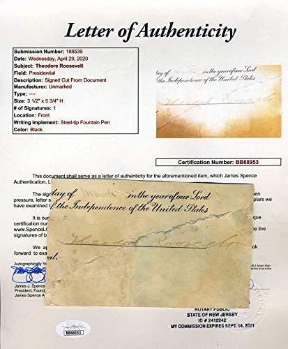 Теодор Рузвелт JSA Лоа Рака Потпишан Документ се Намали Autograph