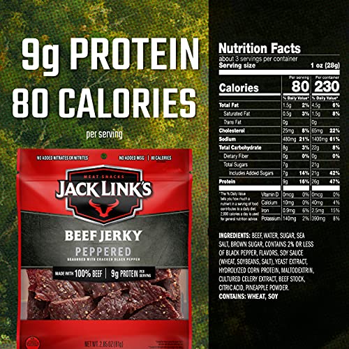 Џек Линк е Телешко Jerky, Peppered Вкус, 2.85 оз – Вкусна Месо Ужина, 9g на Протеини и 80 Калории, Направени со Премиум Говедско