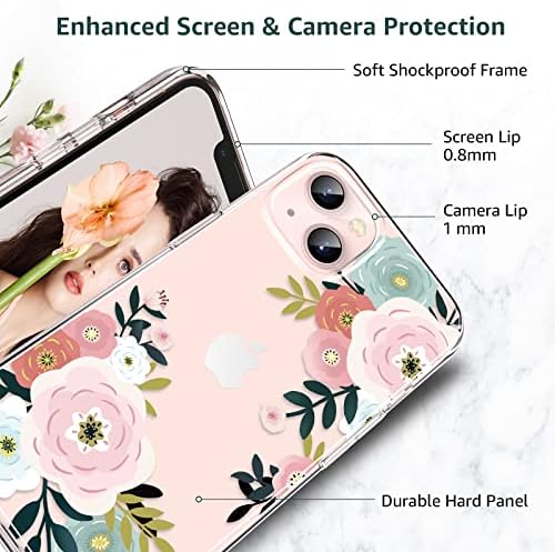 за iPhone 13 Случај со Екран Заштитник (2 Парчиња), Јасно Жените Флорални Симпатична Телефон Маска, Девојки Розова Цвет Дизајн Тенок