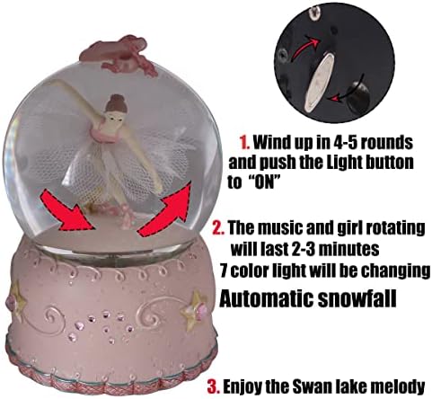 Singeek Балерина Девојка Лебедово Езеро Ротирате Музички снежна топка со Автоматско Snowfall и Шарени Светилки(Лебедово Езеро)
