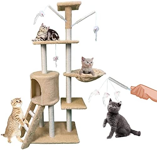 Hanayi 54.3 инчи Мулти-Ниво на Мачка Качување на Дрво Condo Мебел Маче Активност Кула Милениче Kitty Игра Куќа со Скала Сисал Покриени