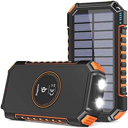 Соларен Полнач 26800mAh, Riapow Соларна Енергија Банка 4 Излези USB C Брзо Полнење Чи Безжичен Пренослив Апарат со LED Светилка за