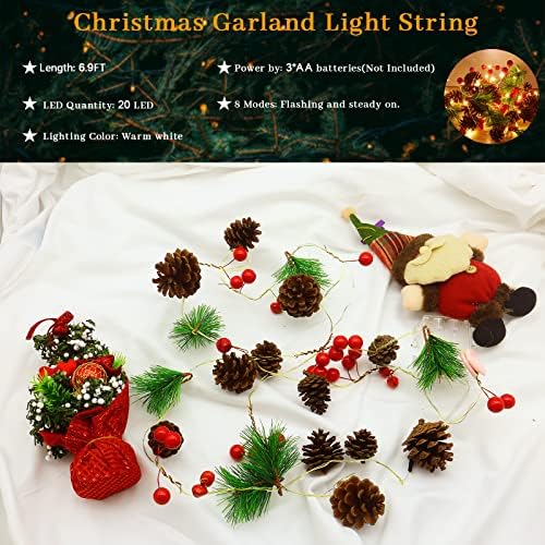 Божиќ Гарланд со Светла,Божиќ Pinecone Светлина String,20LED 6.9 ft Божиќ Борови Шишарки Jingle Bells Бобинки Бакар String Светлина,8
