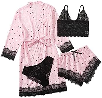 SOLY HUX Жените Sleepwear 4pcs Флорални Чипка Намали Сатен Cami Pajama Сет со Облека