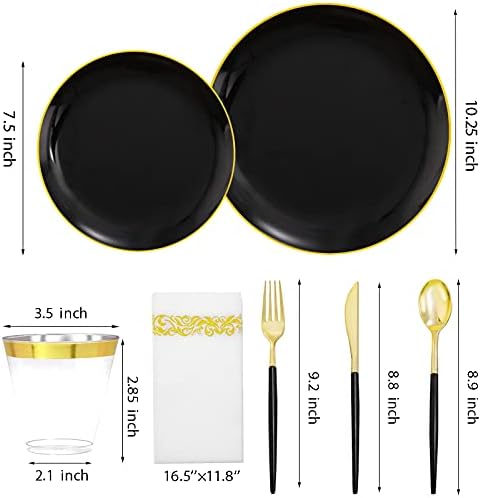 THALIA 210pcs Црни Пластични Плочи со Злато Rim&Злато пластични Сребрениот со Црна Рачка,Црна Пластика Dinnerware,Вклучуваат:30 Вечера