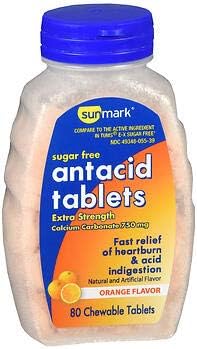 Sunmark Шеќер Слободни Калциум Antacid, Дополнителна Сила, Chewable Таблети, Портокал Creme Вкус - 80 Таблети, Пакување од 5