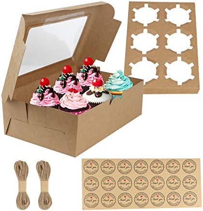 GUIFIER 20 Парчиња Пекарница Cupcake Кутии со Инсерти и Прозорецот, 6 Носители Cupcake Превозници 9.4 x 6.3 x 3Inches, Браун Храна
