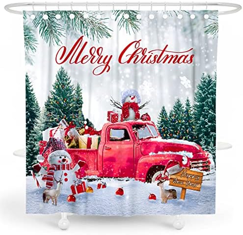 DESIHOM Црвен Камион Божиќ Туш Завеса Зимски снежен човек Туш Завеса Среќен Божиќ Украси Празник Туш Завеси за Бања 72x72 Инчен